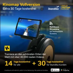 Ein Rudergerät mit einem Tablet, das eine Ruder-Szene in einer schönen Landschaft anzeigt. Textinformationen zu einer kostenlosen Testversion sind sichtbar.
