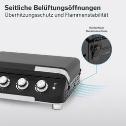 Gasgrill mit drei Drehreglern und seitlichen Belüftungsöffnungen. Hinweis auf Überhitzungsschutz und Deckelverschluss.