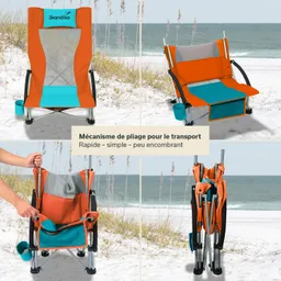 Klappstuhl in Orange und Blau auf einem Sandstrand. Verschiedene Ansichten zeigen den Stuhl und den Faltmechanismus.