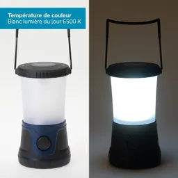 Eine tragbare Lampe mit einem transparenten Schirm und einem blauen, runden Sockel. Der obere Bereich ist beleuchtet.