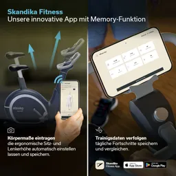 Ergonomisches Fitnessgerät mit verstellbarem Sitz und Lenker, eingebauter App-Hinweis zur Anpassung an Körpermaße.