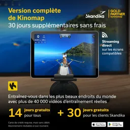 Tablet mit einem Ruderbootspiel in einer Landschaft, darunter Informationen zu einem Trainingsangebot und 30 gratis Tagen.