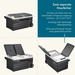 Kühlbox mit zwei separaten Staufächern, Rollen, zwei Deckeln, temperaturregulierbar von -20 °C bis +20 °C, wechselbare Öffnungsrichtung.