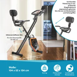 Fahrrad-Ergometer mit höhenverstellbarem Sitz, Rückenlehne, seitlichen Griffen und einem stabilen Gestell. Maße: 104 x 53 x 124 cm.