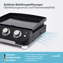 Grillgerät mit einer großen glatten Kochfläche, zwei Reglern, seitlichen Belüftungsöffnungen und Präventionssymbolen.
