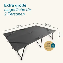 Faltbare Liege mit einer Fläche von 215 cm x 140 cm und einer Höhe von 48 cm. Maximales Benutzergewicht 250 kg.