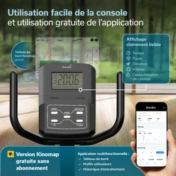 Digitales Display eines Fitnessgeräts mit mehreren Tasten, neben einem Smartphone mit Fitnessanwendung und Grafiken im Hintergrund.