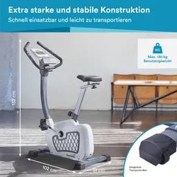 Einstellbares Ergometer mit stabiler Bauweise, verstellbarem Sitz, und integrierten Transportrollen. Maßangaben sichtbar.