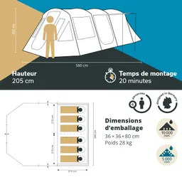 Zelt mit Maßen von 580 cm x 205 cm, Höhe 205 cm, für 6 Personen, Aufbaudauer 20 Minuten, wasserdicht bis 10.000 mm.