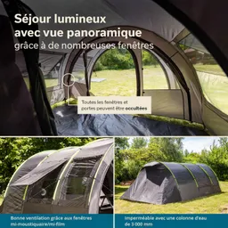 Zelt mit vielen Fenstern, das eine helle Innensicht bietet. Außenseite zeigt wasserabweisendes Material und Ventilationselemente.
