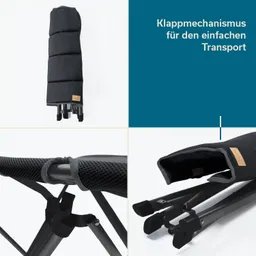 Faltstuhl in schwarzem Material, teilweise zusammengeklappt. Verschiedene Perspektiven zeigen den Klappmechanismus und die Struktur.