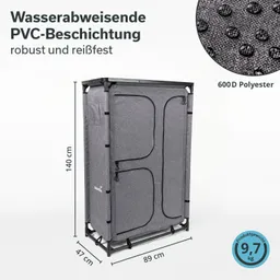 Grauer Kleiderschrank mit PVC-Beschichtung, Maße: 140 cm hoch, 89 cm breit, 47 cm tief, Produktgewicht 9,7 kg.