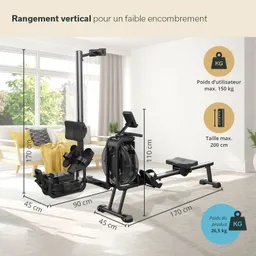 Fitnessgerät mit Angaben zu Größe und max. Benutzergewicht, präsentiert in einem modernen Wohnraum mit hellen Vorhängen.