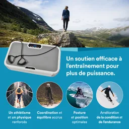 Ein Trainingsgerät liegt auf einer Fläche. Im Hintergrund steht eine Person auf einem Felsen und betrachtet eine Berglandschaft.