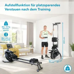 Fitnessgerät in einem hellen Raum. Links ein Rudergerät, rechts ein vertikales Gerät. Eine Person hält ein Tablet. Aussagen zu Benutzergewicht und Körpergröße sind sichtbar.