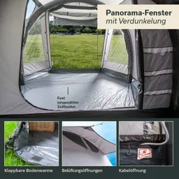 Zeltinnenansicht mit Panorama-Fenster und fest eingenähtem Zeltboden. Untere Bilder zeigen belüftungsöffnungen und kabelöffnung.