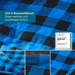 Blaue und schwarze Karomuster auf Baumwollflanell mit der Beschreibung "100 % Baumwollflanell, super weiches Gefühl" und einem Bewertungssiegel.
