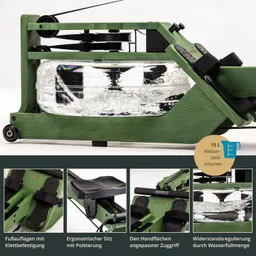 Wassertreter mit grünem Holzrahmen und transparentem Wassertank. Fußauflagen mit Klett, ergonomischer Sitz und Handgriff.