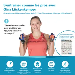 Eine Person in Sportbekleidung hält zwei Medaillen in den Händen. Im Hintergrund sind Trainingsinformationen und -tipps zum Thema Fitness.