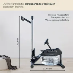 Platzsparendes Rudergerät mit Klappfunktion, Transportrollen und Wasserreinigungstablette. Maße: 142,3 cm Höhe, 119,5 cm Länge.
