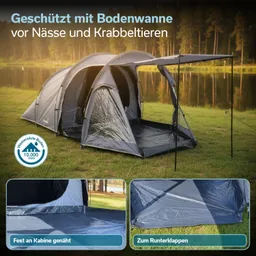 Zelt mit Bodenwanne auf einer Wiese, Hintergrund mit Bäumen und Wasser. Detailbilder zeigen Bodenbefestigung und Klappmöglichkeit.