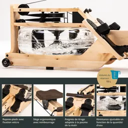 Rudergerät aus Holz mit transparentem Wassertank. Pedale, ergonomischer Sitz und Zuggriff sind sichtbar.