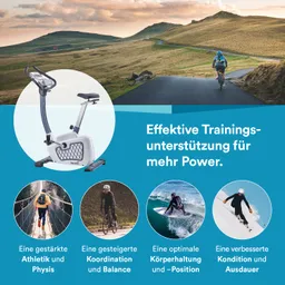 Ein Heimtrainer ist vor einer Berglandschaft abgebildet. Rund um den Trainer sind vier kleine Bilder, die verschiedene Sportarten zeigen: eine Person auf einem Seil, ein Radfahrer, ein Surfer und ein Wintersportler. Ein Text beschreibt Trainingsvorteile.