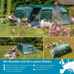 Zwei Zelte und mehrere Personen sitzen entspannend im Freien auf einer Wiese. Einige genießen Getränke und Snacks.