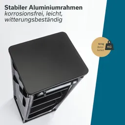 Aluminiumrahmen mit schwarzen Oberflächen und mehreren Ablagefächern, Schriftzug zu Eigenschaften und Belastbarkeit 50 kg.
