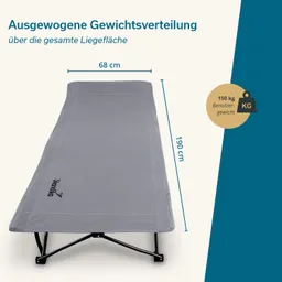 Liegefläche in Grau mit Maßen von 68 cm Breite und 190 cm Länge, maximale Benutzergewicht 150 kg.
