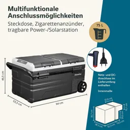 Tragbare Kühlbox mit Steckdose, Zigarettenanzünder und Power/Solarstation. Maße: 94 cm x 53,5 cm x 46,5 cm. Volumen: 75 L.
