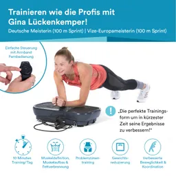 Eine Person liegt in Plank-Position auf einem Fitnessgerät. Sie trägt ein rotes Sportoberteil und schwarze Leggings. In ihrer Hand hält sie eine Fernbedienung.