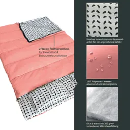 Schlafsack in Koralle und schwarz-weiß, zwei-Wege-Reißverschluss, mit Details zu Materialien und Eigenschaften.
