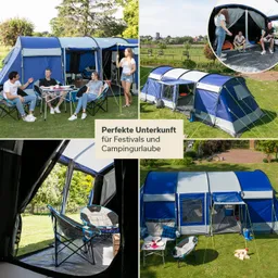 Zelt in unterschiedlichen Ansichten auf einer Wiese, umgeben von Bäumen. Personen sitzen und unterhalten sich an einem Tisch.