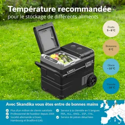 Kühlbox auf Gras mit geöffnetem Deckel, gefüllt mit Obst und Flaschen. Text zu Lagerempfehlungen für Lebensmittel.