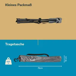 Faltbare Stühle und Tragetasche in grau, mit den Maßen 72 cm x 10 cm und einem Gewicht von 600 g. Hintergrund in zwei Farben.