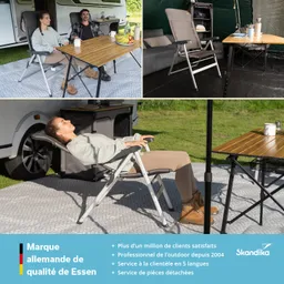 Drei Bilder zeigen Personen in Outdoor-Stühlen an einem Tisch. Eine sitzende Person entspannt in einem liegenden Stuhl. Es gibt einen Tisch mit Getränken und Obst.