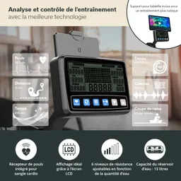 Display eines Rudergeräts mit LCD-Bildschirm. Informationen zu Puls, Distanz, Zeit, Kalorien und Ruderzügen angezeigt.