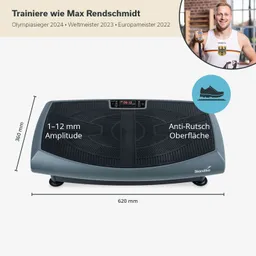 Vibrationsplatte mit anti-rutsch Oberfläche, Abmessungen 620 mm x 360 mm, Anzeige für Trainingszeiten und Amplitude.
