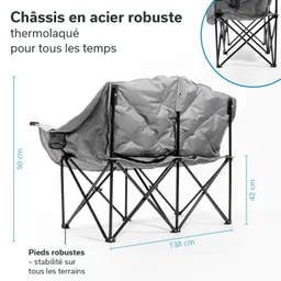 Grau gefütterter Klappstuhl mit schwarzem Stahlrahmen, Maße: 90 cm hoch, 138 cm breit, 42 cm Sitzhöhe.