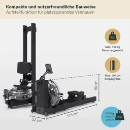 Rudergerät mit Wasserbehälter, Abmessungen 175 x 52 cm, maximal 150 kg Benutzergewicht, für Körpergrößen bis 190 cm.