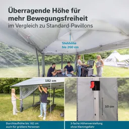 Ein Pavillon mit erhöhter Stehhöhe von bis zu 260 cm steht im Freien. Menschen stehen und sitzen darin, einige nutzen einen Grill. Es sind Maßangaben zur Höhe sichtbar.