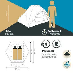 Zeltillustration mit Maßen: Höhe 100 cm, Aufbaubedarf 5 Minuten. Packmaß 50x16x16 cm, Gewicht 2,1 kg, für 2 Personen.