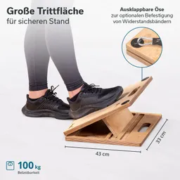 Platte mit großer Trittfläche aus Holz, die eine Ausklappvorrichtung für Widerstandsband bietet. Größe: 43 x 33 cm.