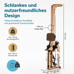 Rudergerät aus Holz mit einem langen Rail, verstellbaren Standfüßen und Transportrollen. Maße und Belastbarkeit angegeben.