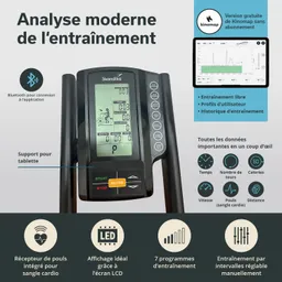 Display eines Fitnessgeräts mit LCD-Bildschirm. Funktionen: Zeit, Distanz, Kalorien, Puls. Bluetooth-Verbindung, Unterstützung für Tablet.