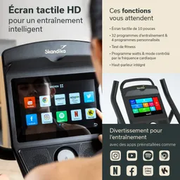 HD-Touchscreen der Marke Skandika mit App-Symbolen für soziale Medien und Fitnessprogramme auf einem Fitnessgerät.