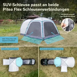 Zelt mit SUV-Schleuse in grünem Außenbereich zwei Ansichten der Schleuse neben und gegenüber dem Eingang.