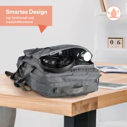 Grauer Rucksack mit Kopfhörern und einer Wasserflasche im offenen Innenraum, auf einem Tisch vor einer Wand.