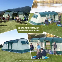 Mehrere Zelte in grüner Farbkombination in einer Landschaft mit Bergen und Wasser. Personengruppen sitzen entspannt im Freien.